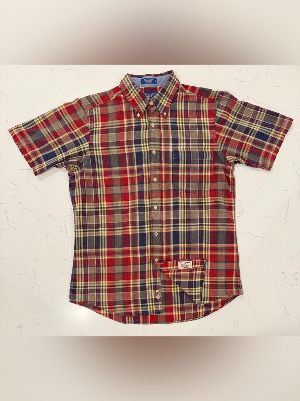 Pendleton Seaside Men’s Large Red Navy Cream Plaid Madras Button-Down Shirt
